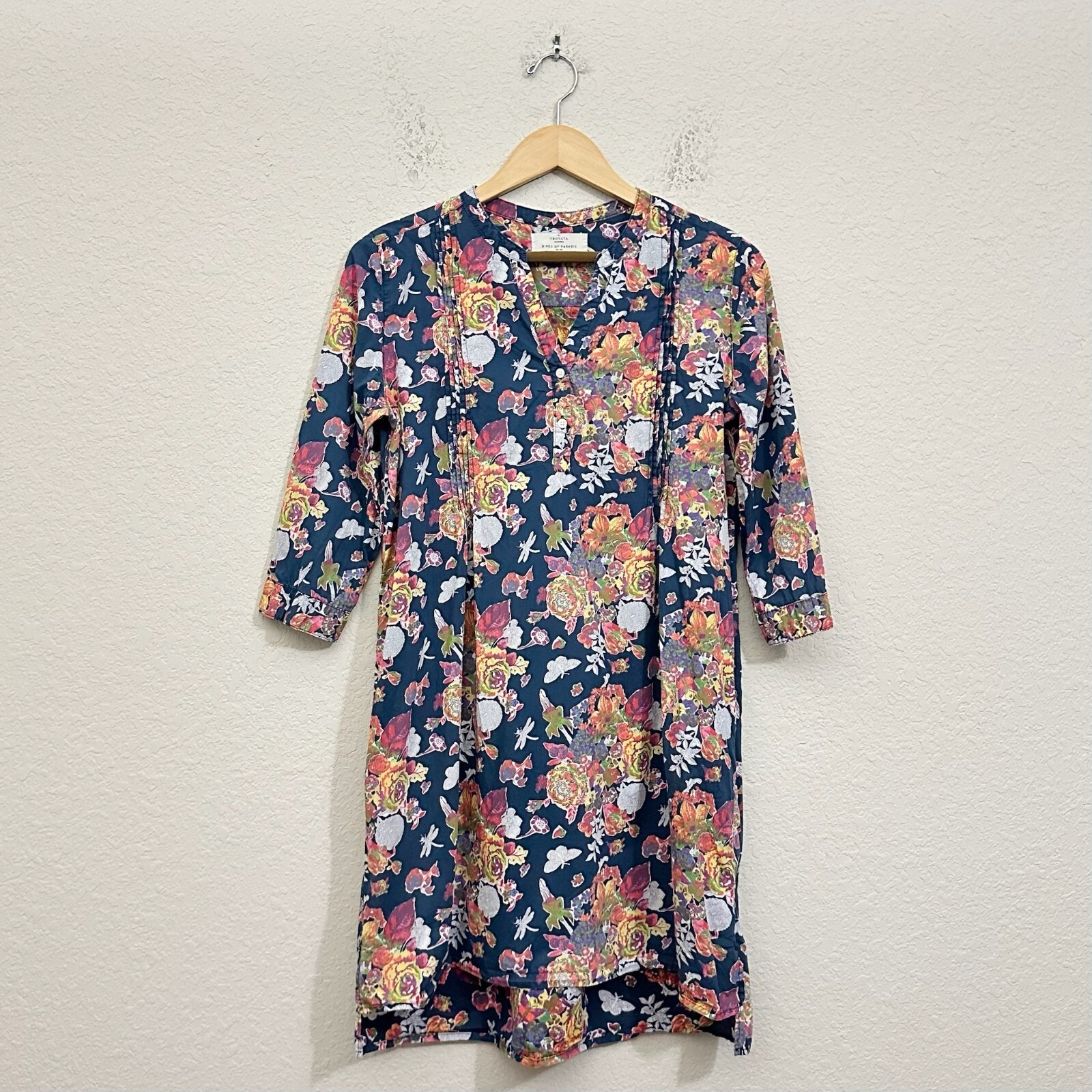 TROVATA BIRDS OF PARADIS Mini Dress Floral Shift 3/4 Sleeve Boho Cotton