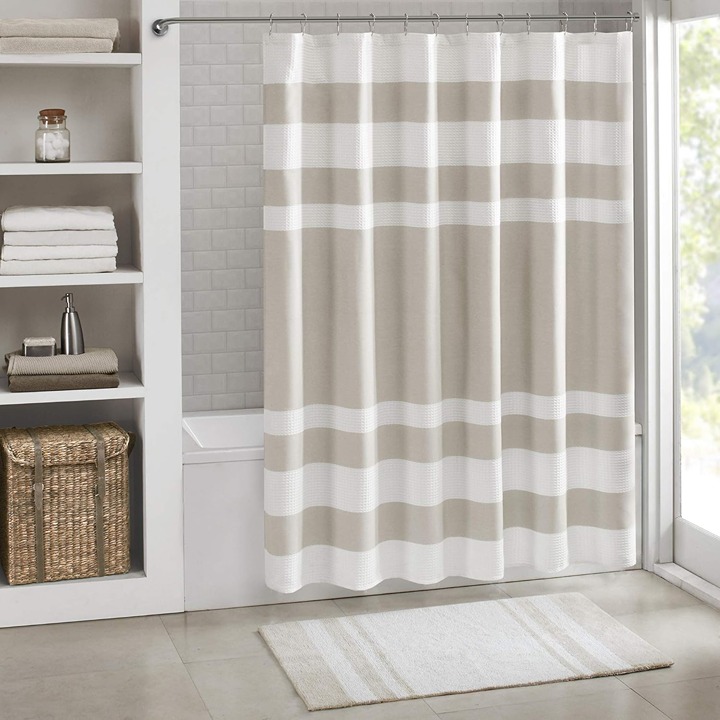 Shower Curtain Waffle Weave Striped Pieced Design Fabric