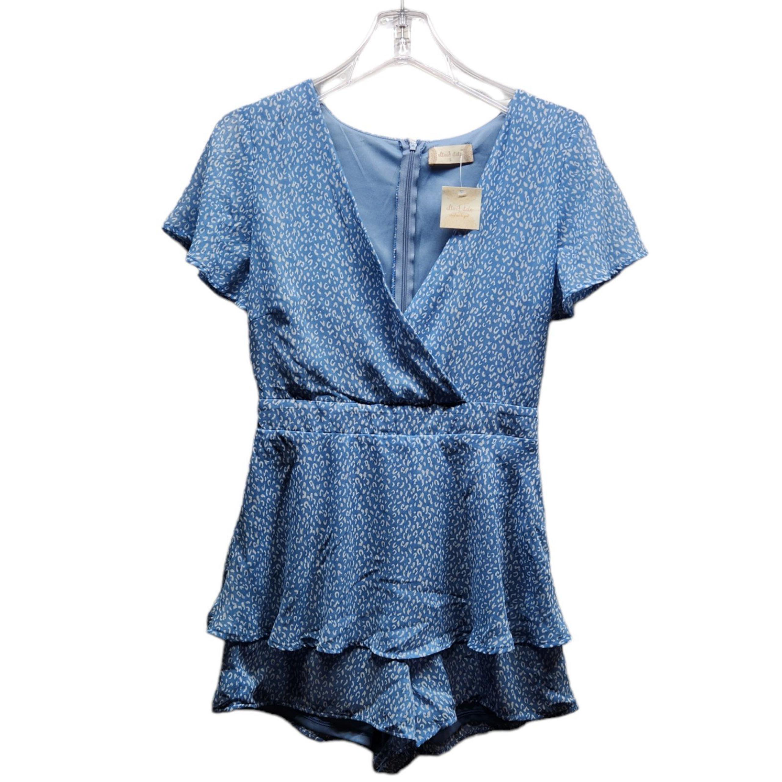 Altar'd State Womens L Blue White Ruffle Mini Dress Romper Lined