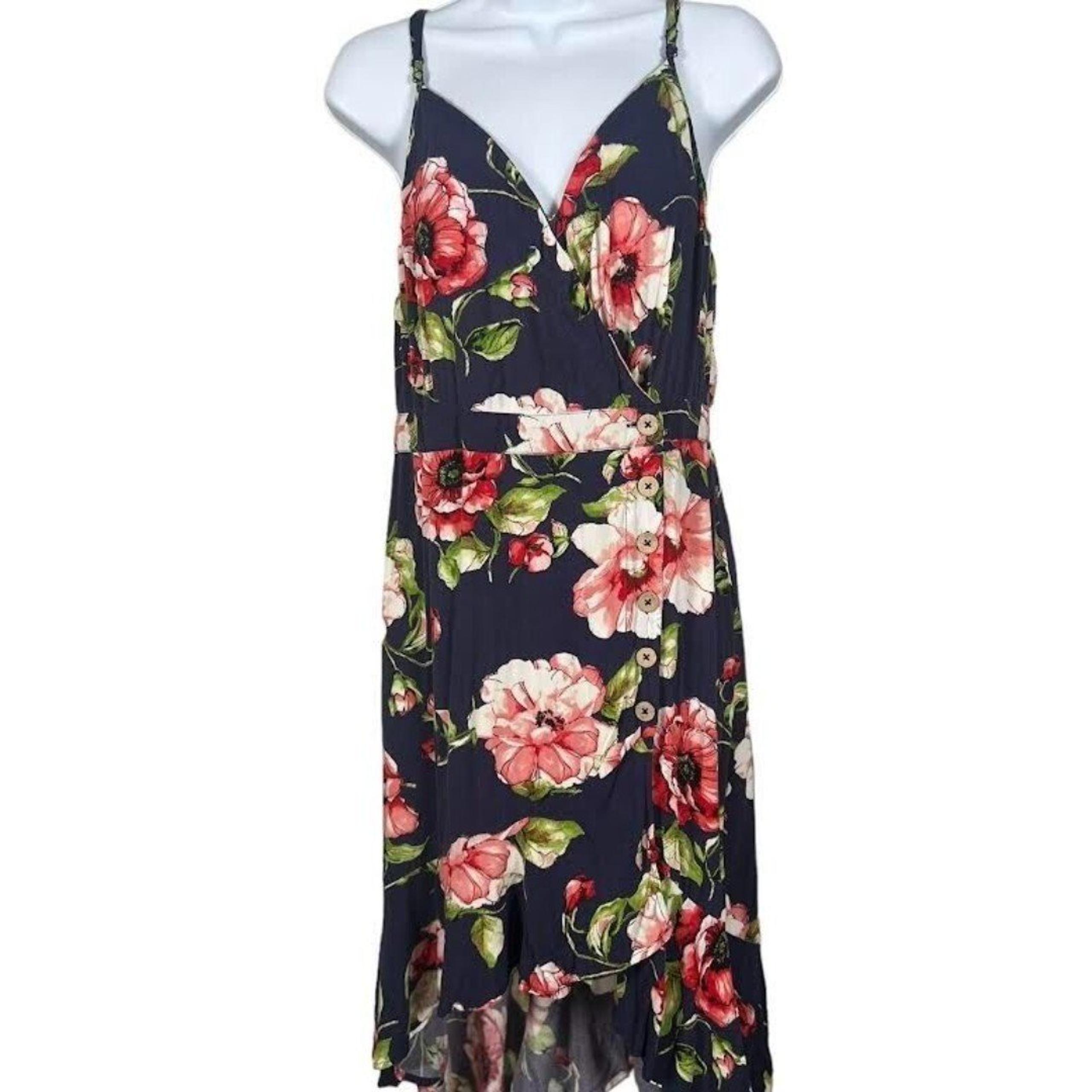 Xhilaration Blue Multicolor Floral V-Neck Ruffle High-Low Hem Dress Sz L