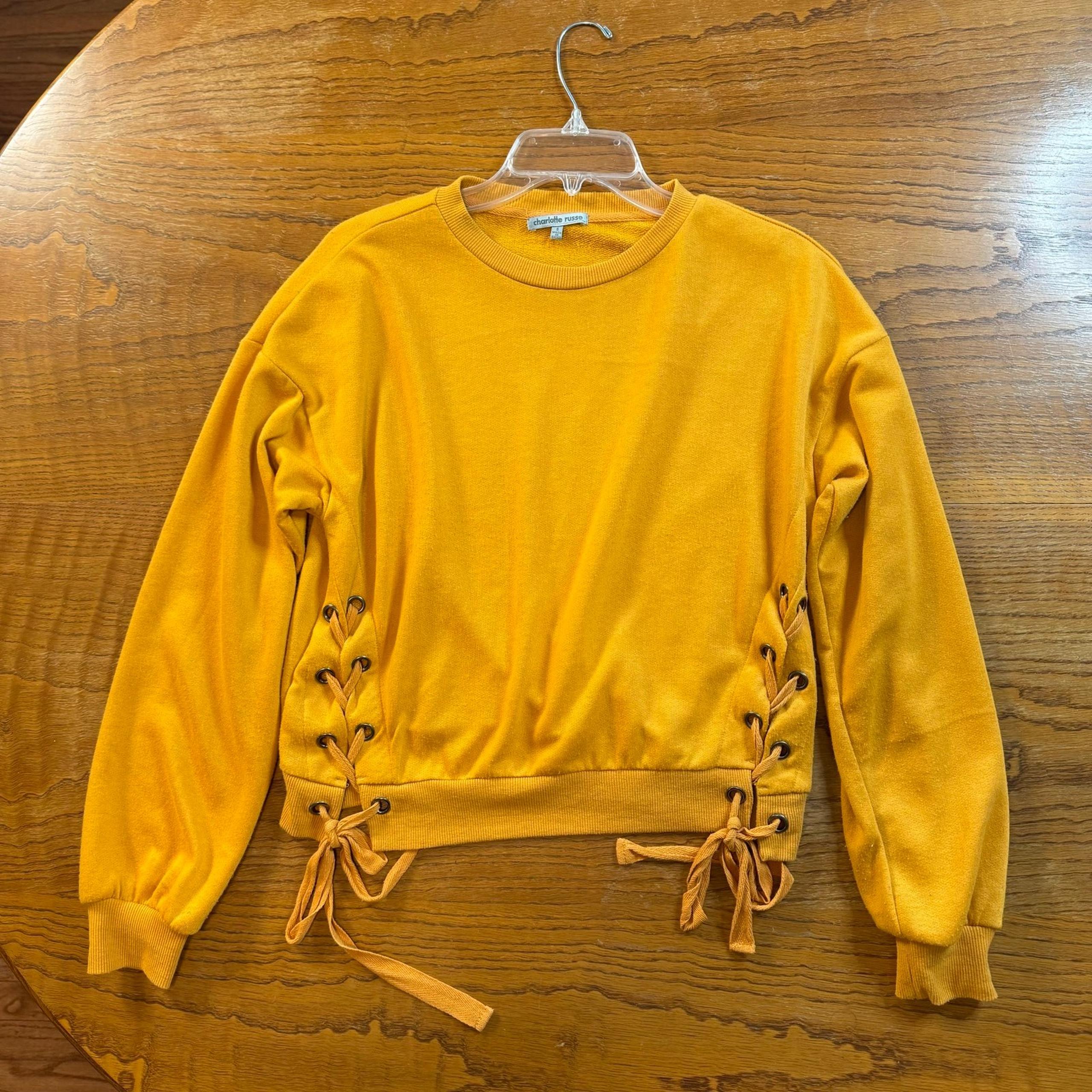 Charlotte Russe Yellow Crew Neck Sweater with Lace-Up Accents