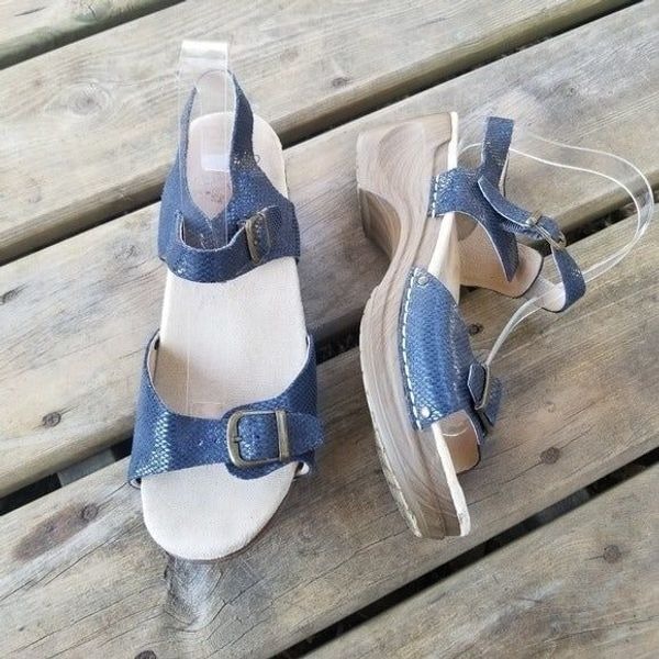 Sanita Daisy Davia Navy Blue Snakeskin Embossed Leather 2 Strap Buckle Sandals