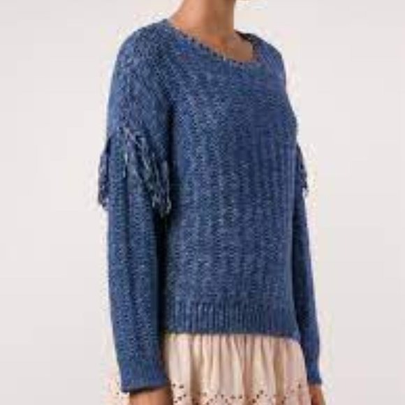 ULLA JOHNSON Chunky Knit Blue Fringe Swe