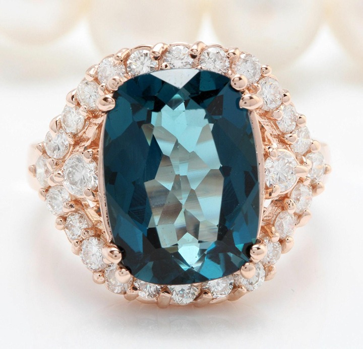 9.20Ct Natural Long Cushion London Blue Topaz & Diamond Halo Solitaire Ring 14k