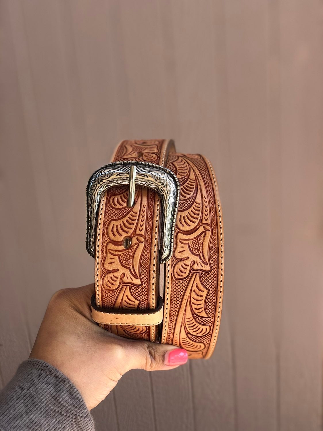 Tooled leather belt unisex