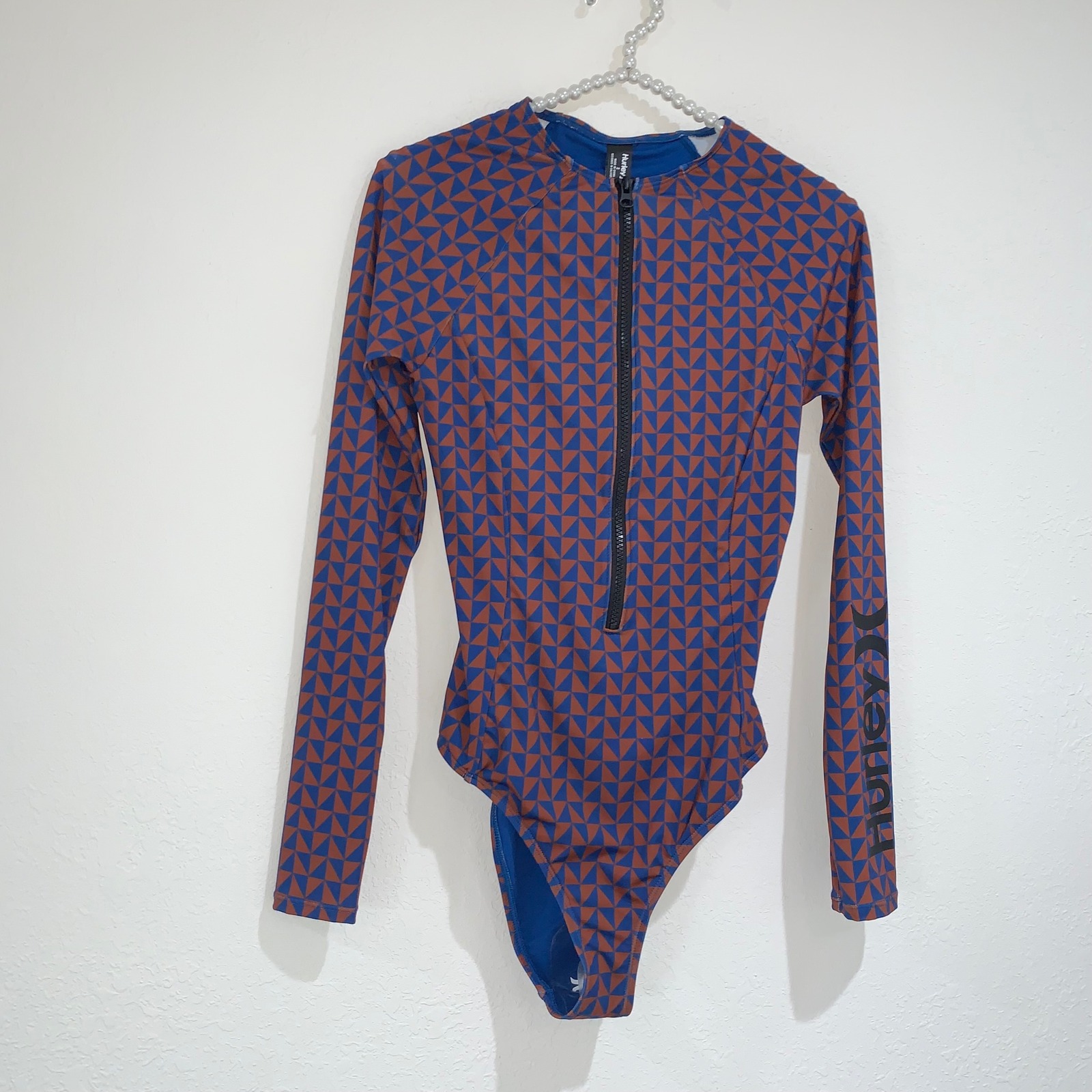 Hurley long sleeve rashgard one piece swimsuit size small blue brown zip up new