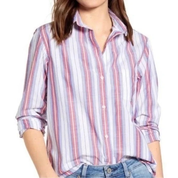 Grayson the Hero Cotton Button Front Shirt Jasmine Red White Blue Stripe Medium