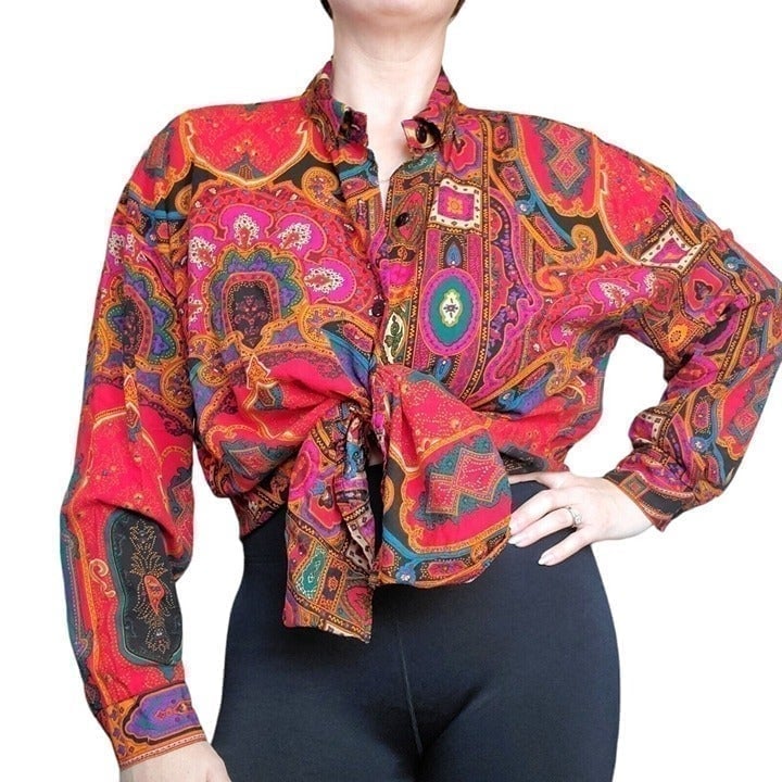 Vtg 80s 90s Colorful Abstract Paisley Blouse M/L Rayon Boho Button Up Red