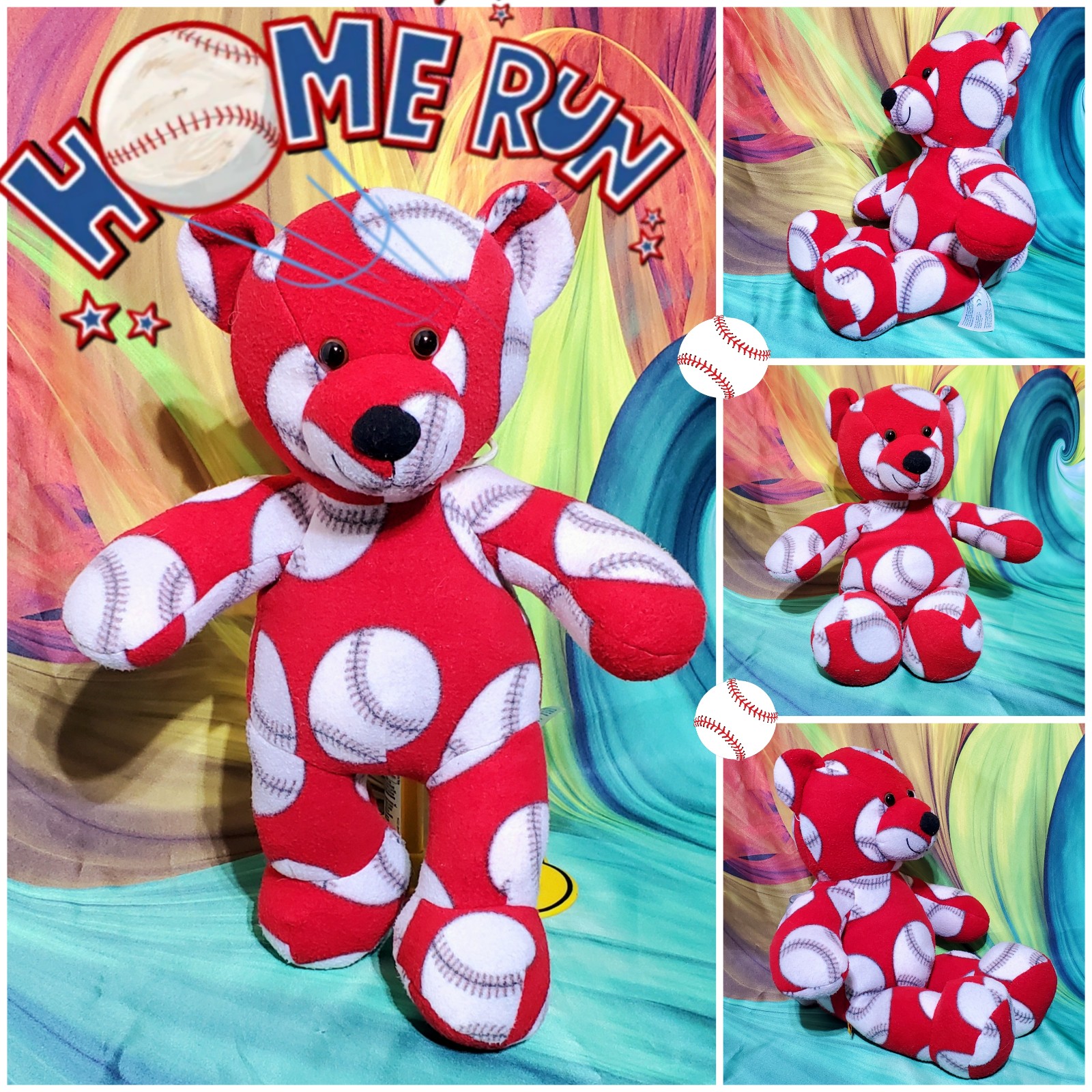 RARE Build A Bear Red & White Baseball Fleece Fabric 18 Stuffed Plush Teddy