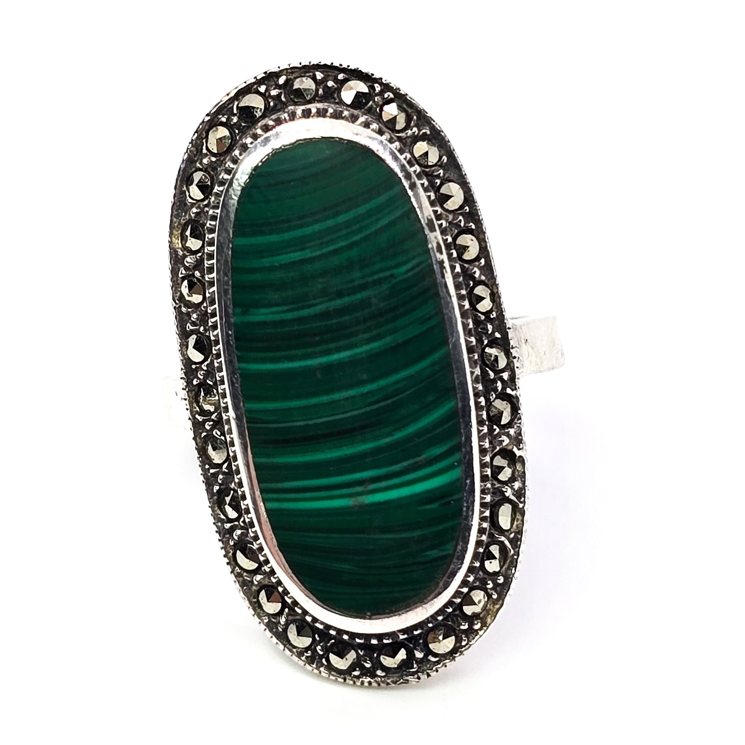 Art Deco Style Malachite large marcasite R vintage sterling silver ring size 8
