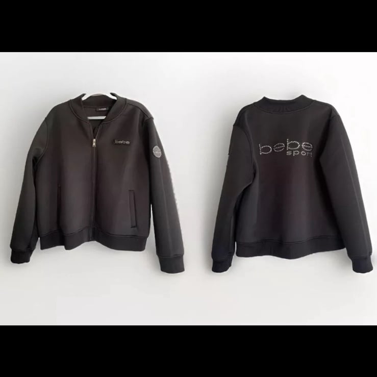 Bebe Black Rhinestones Moto Bomber 2XL Jacket Sequin Y2K Preppy Whimsy Goth