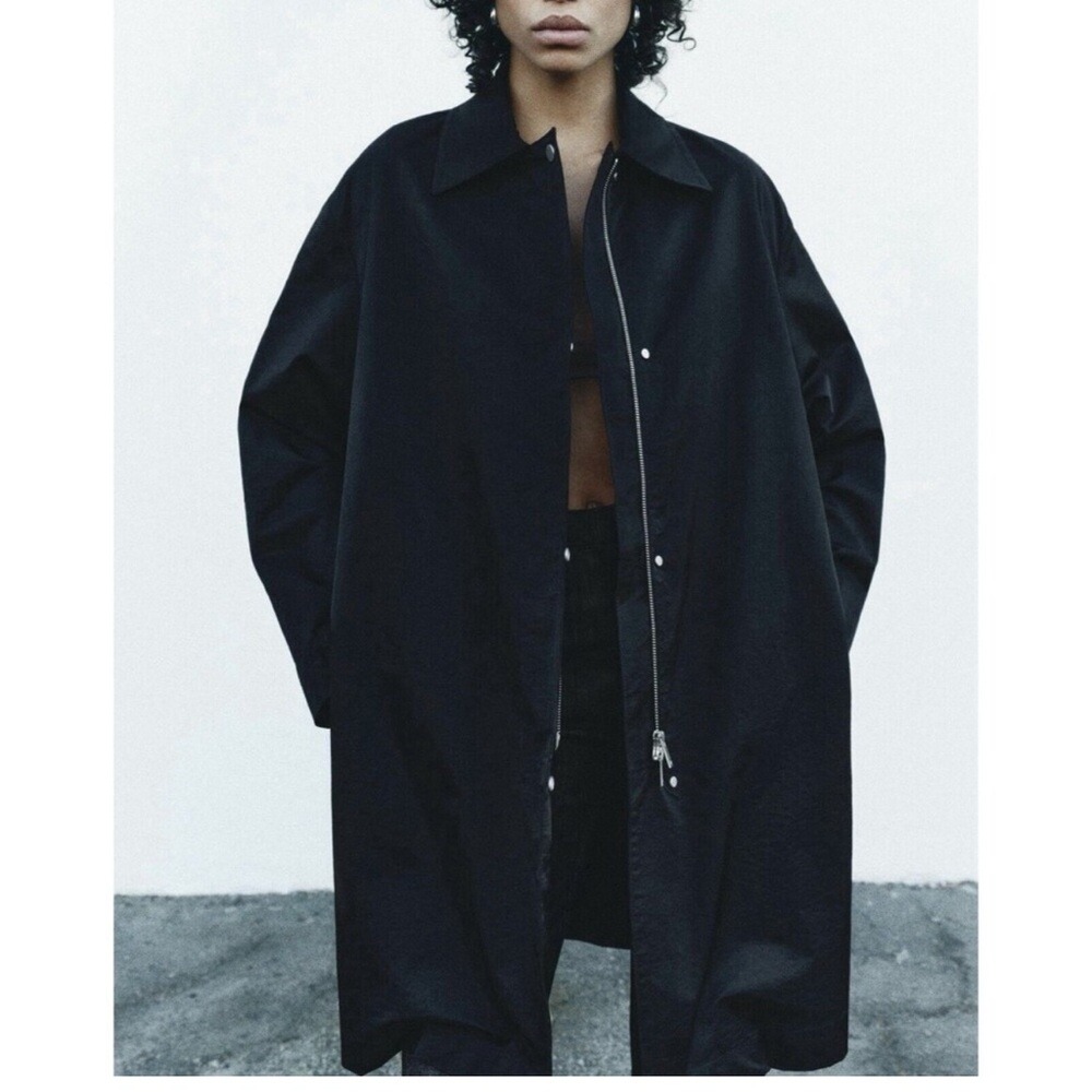 ZARA ZW Collection Oversized Water-Repellent Trench Coat Size small Black EUC