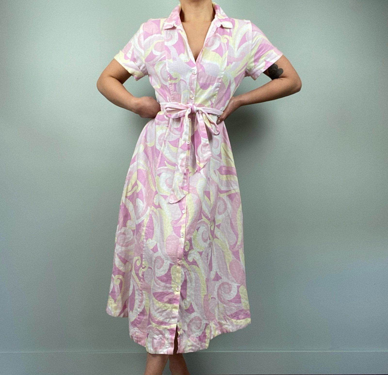 Hill House The Lily Pink Candy Kaleidoscope Linen midi Shirt Dress Sz XS