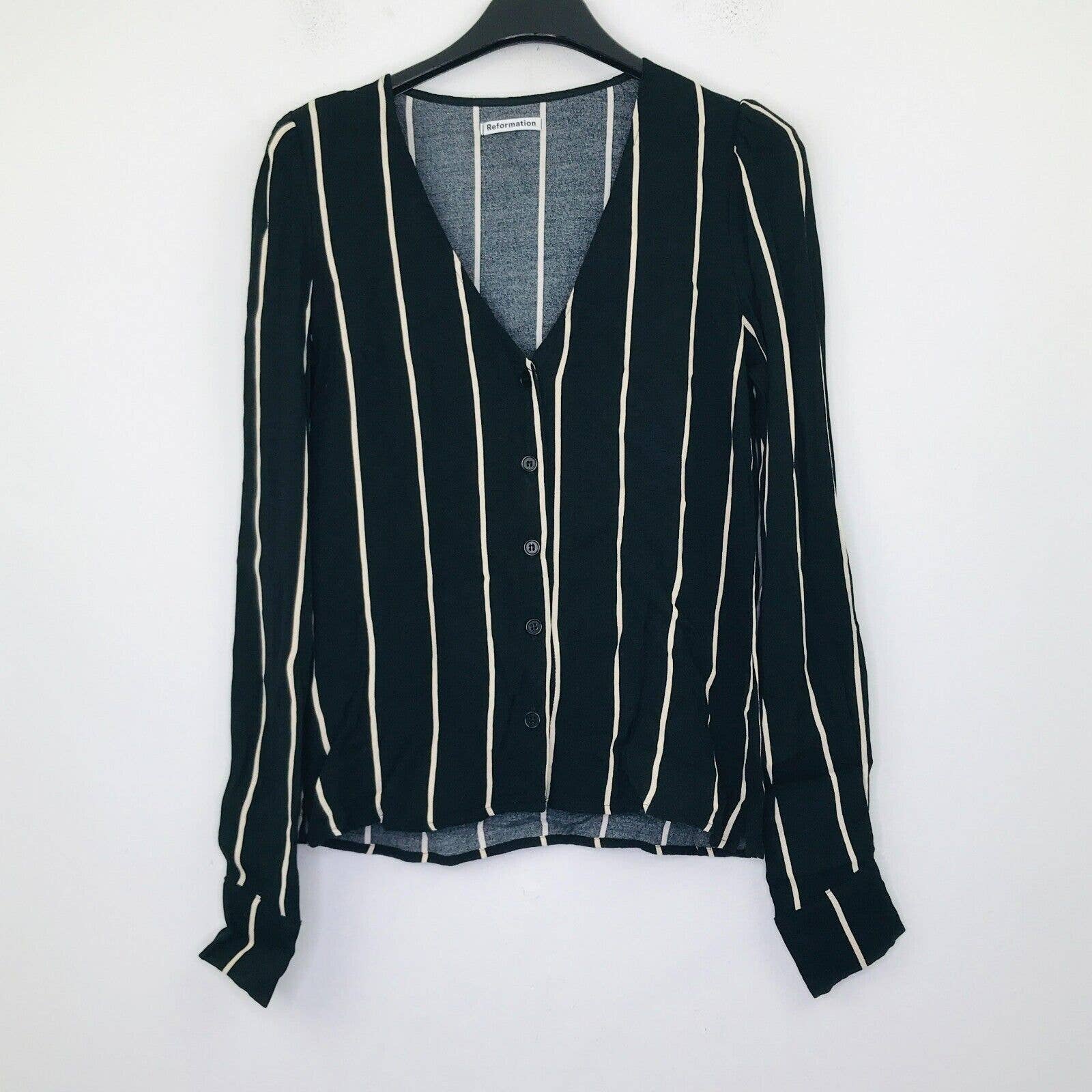 Reformation Women's Medium Blouse Black White Annaliese Striped Button Up DC1