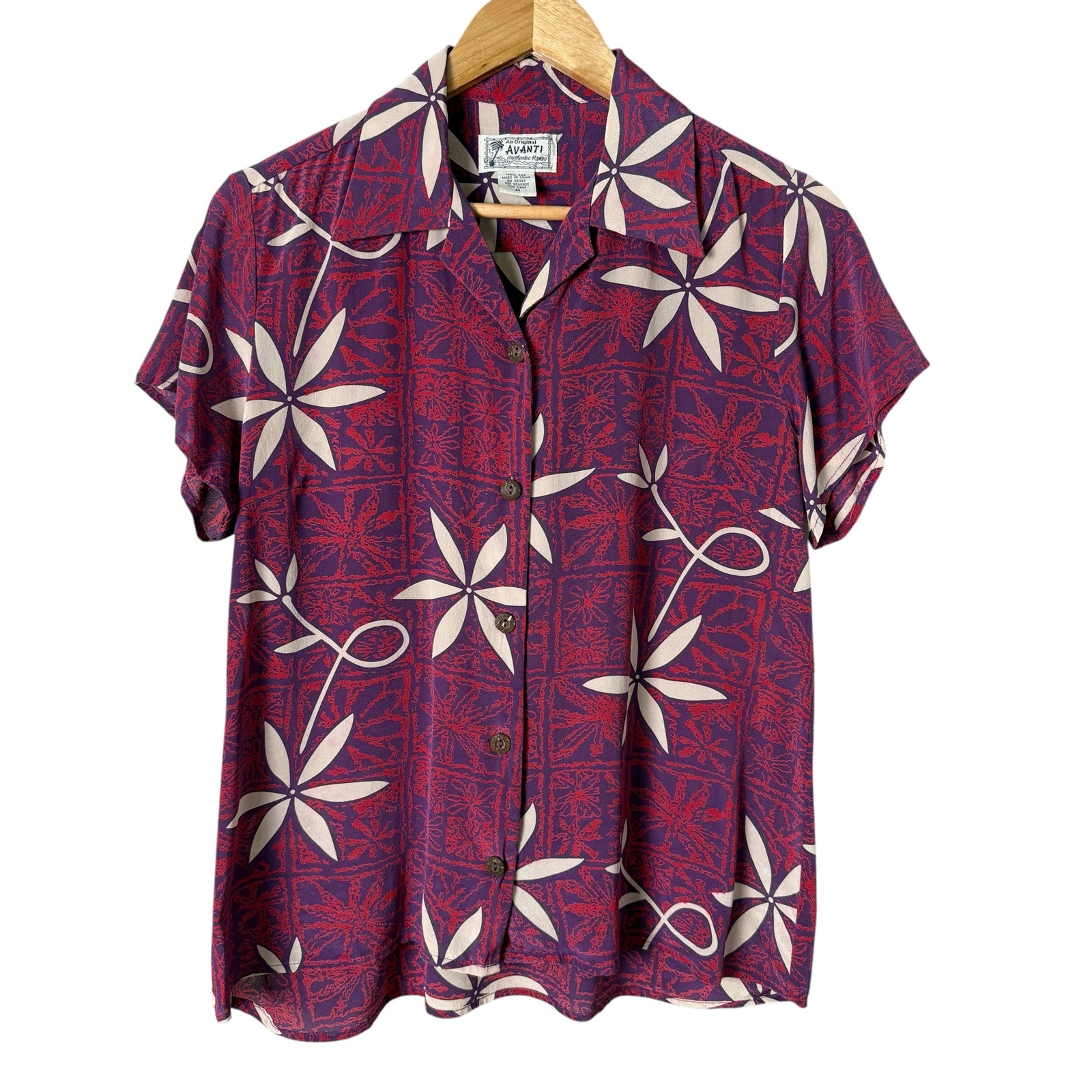 Avanti Retro Elvis Blue Hawaii Hawaiian Silk Shirt Purple Cream Floral, Medium