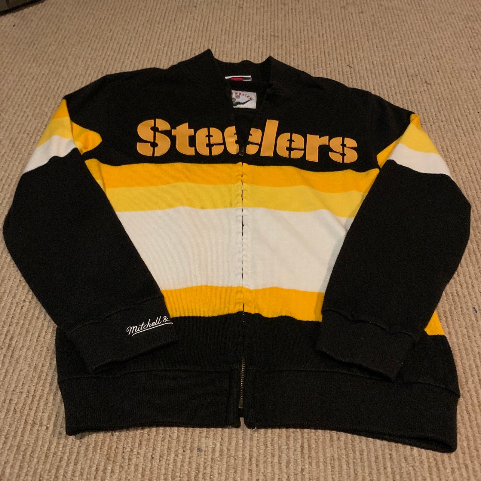 Mitchell and Ness Pittsburgh Steelers Black Yellow Full Zip Medium Sweater