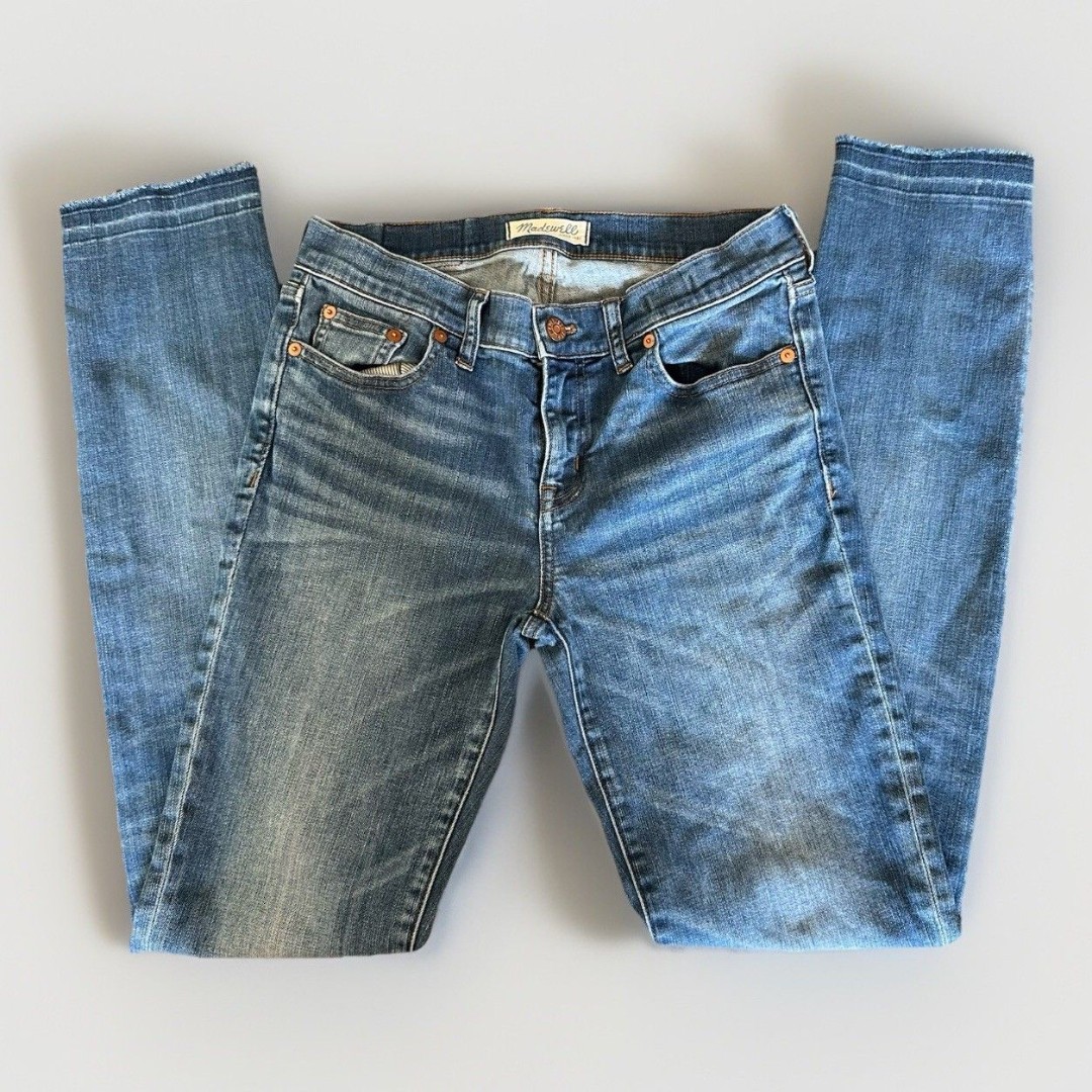 Madewell Size 27 Alley Straight Tall Jeans Drop Hem Light Wash Distressed Knee