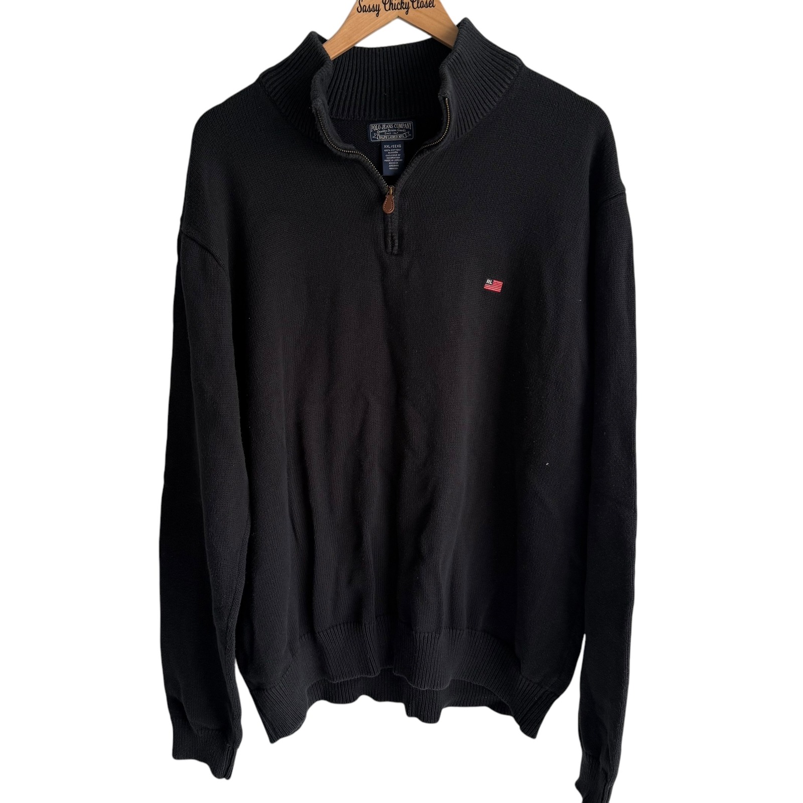 VTG POLO JEANS Ralph Lauren Black Sweater American Flag 1/4 Zip Mens, XXL