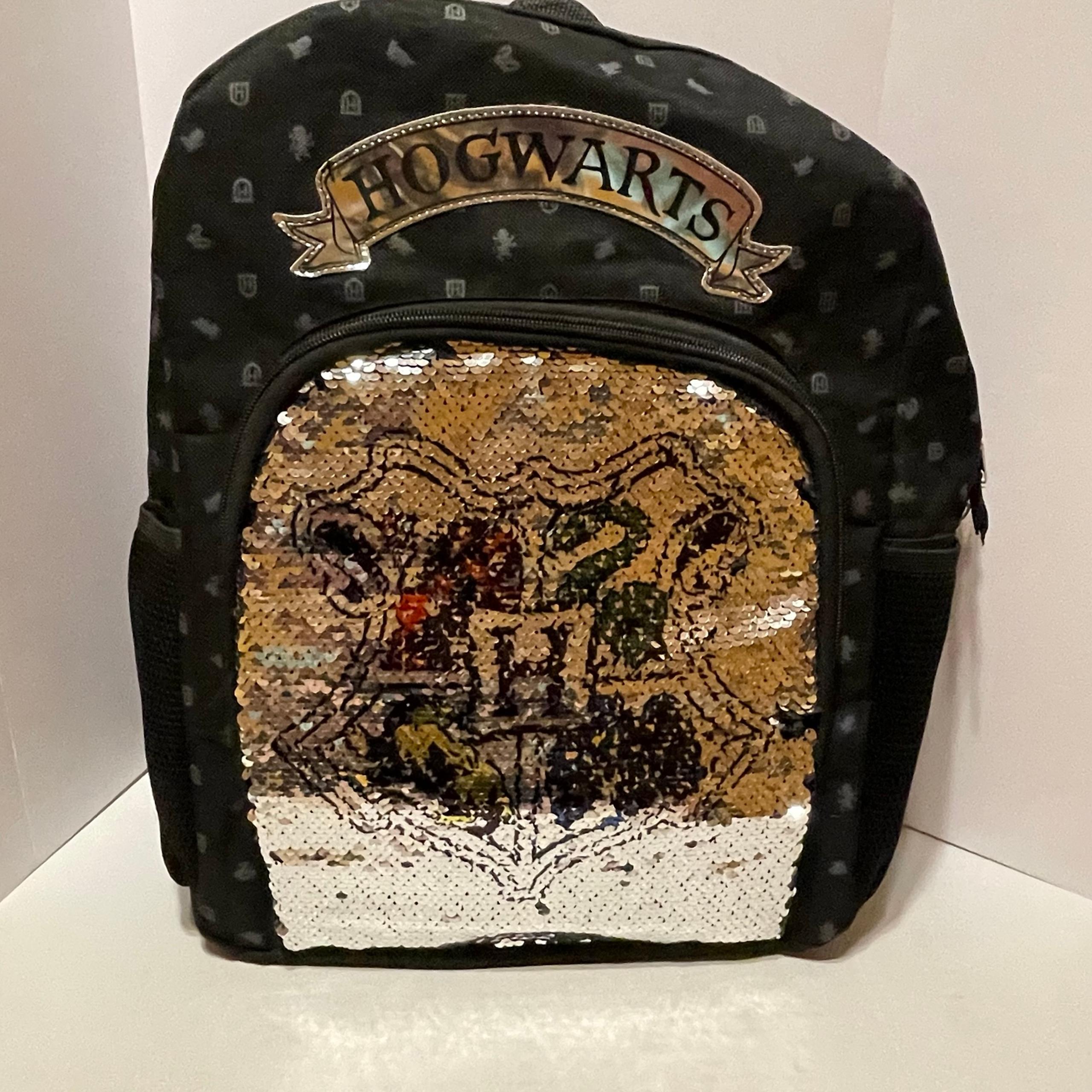 Harry Potter Hogwarts Crest Reversible Sequin Silver Black School Backpack 16”