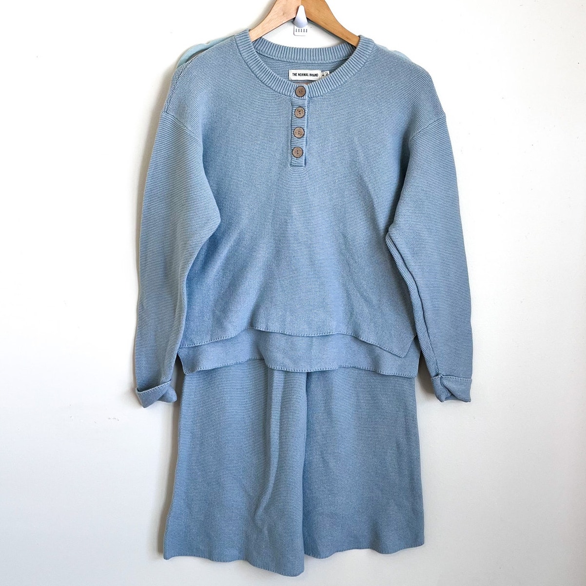 The Normal Brand Women Helen Henley Knit Set Small Green Cotton Crop Boxy Casual