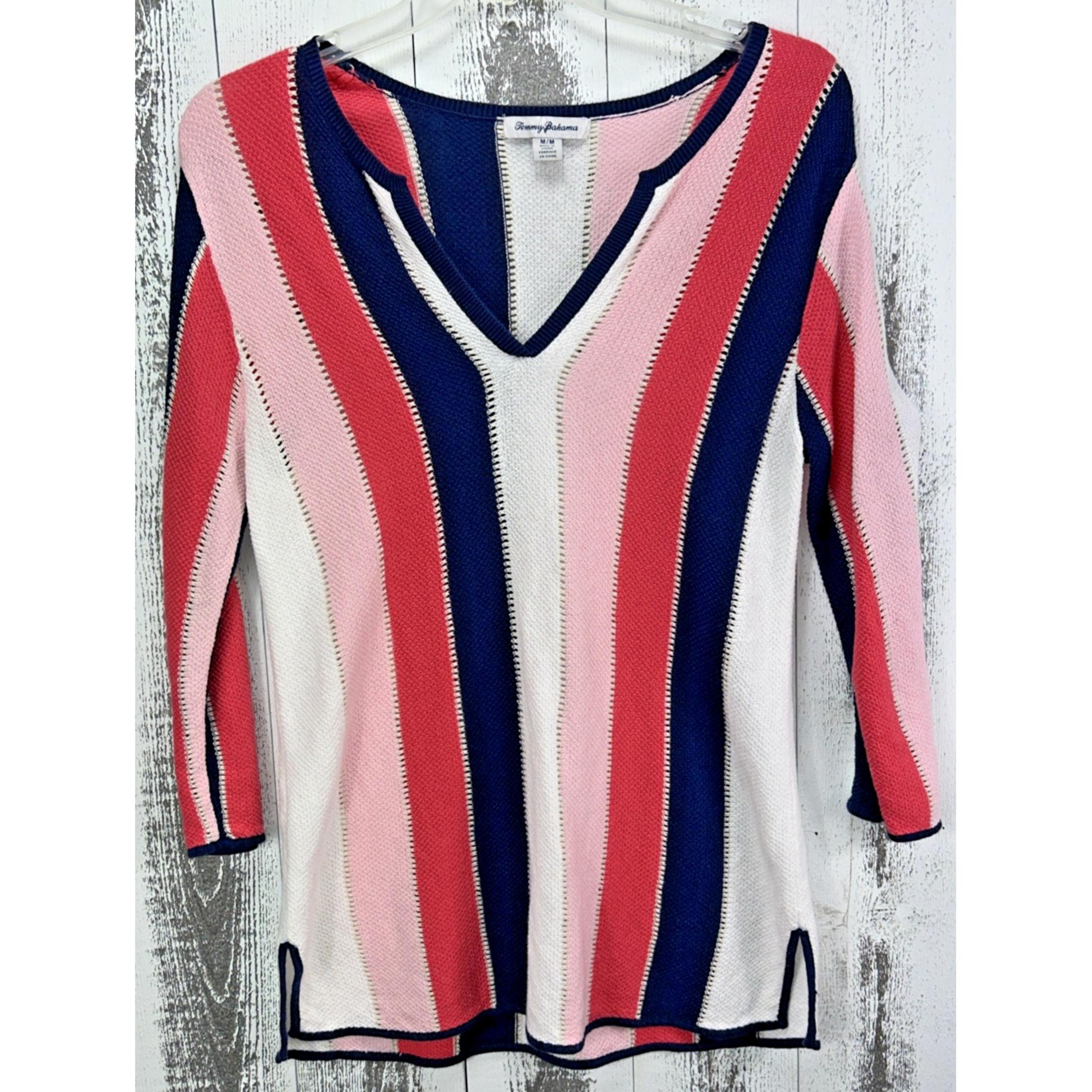 Tommy Bahama Linen Blend Sweater Womens V-Neck Tunic Vitti Vines 3/4 Sleeve sz M