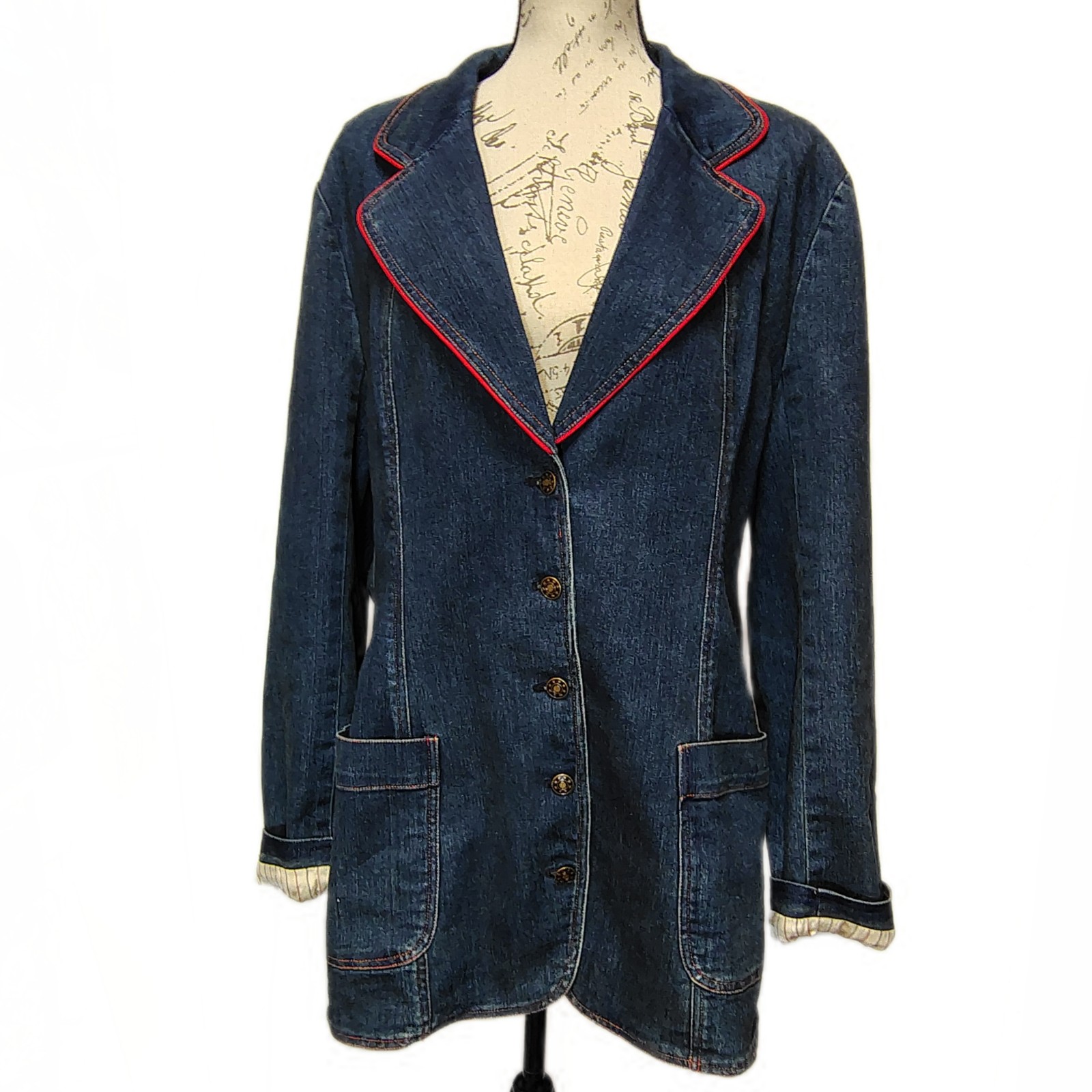 Vintage J Peterman Womens Denim Jacket 18 Red Trim Half Belt Equestrian Preppy