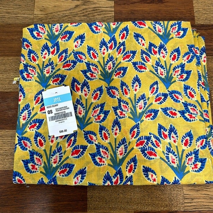 J Mclaughlin Reed Scarf Shaw Wool Yellow Peacock Feather Multicolor Art Bright