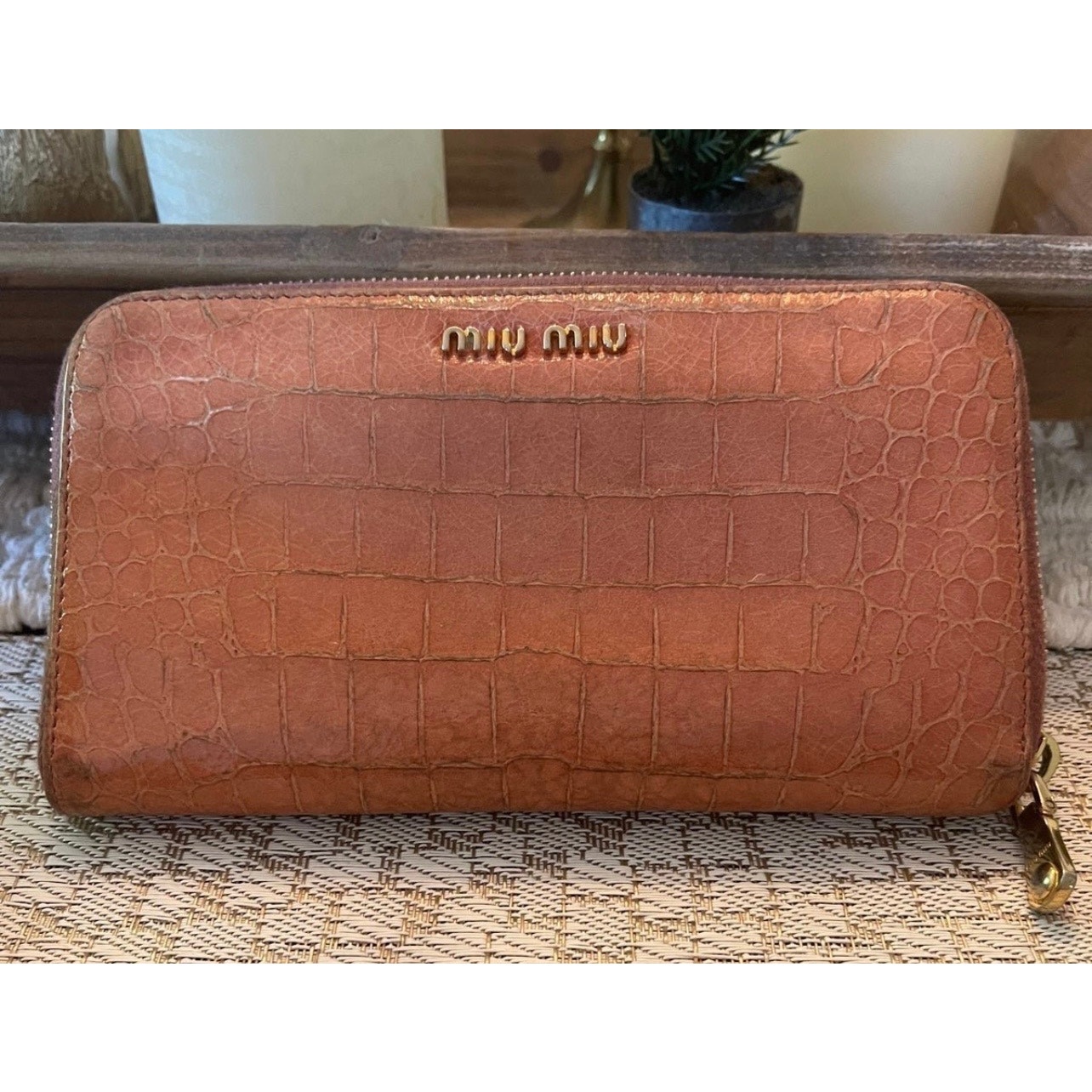 MIU MIU pink croc print ziparound wallet