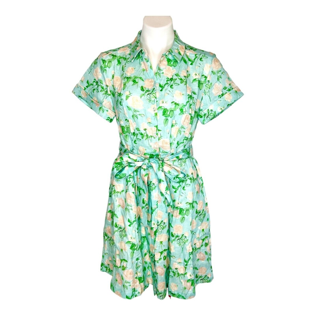 New HILL HOUSE HOME Blue Roses Linen Laura Dress Size Small Button Front Belted