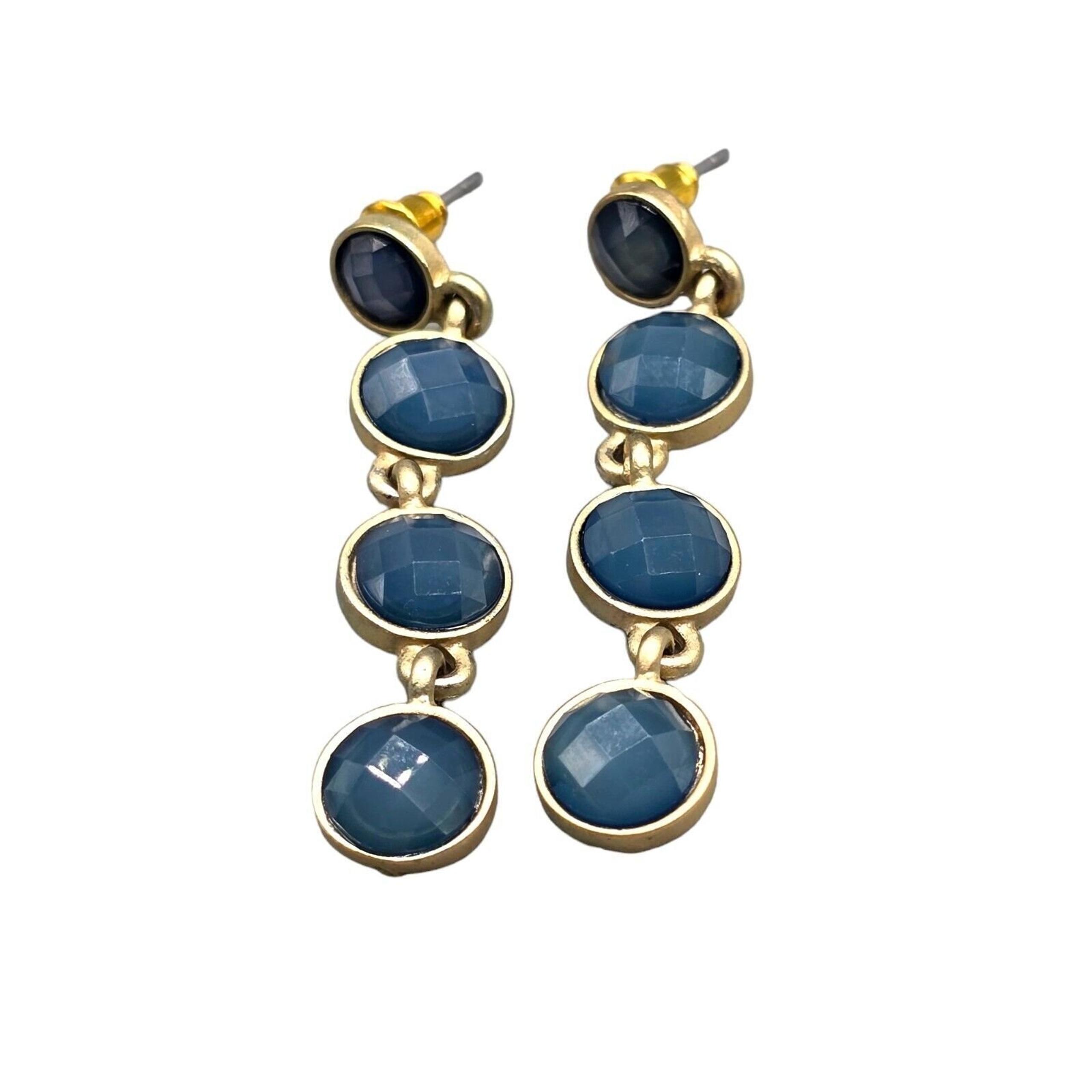 Pierced Blue Earrings Dangle Beaded Round Faceted Acrylic Bead Silver Tone