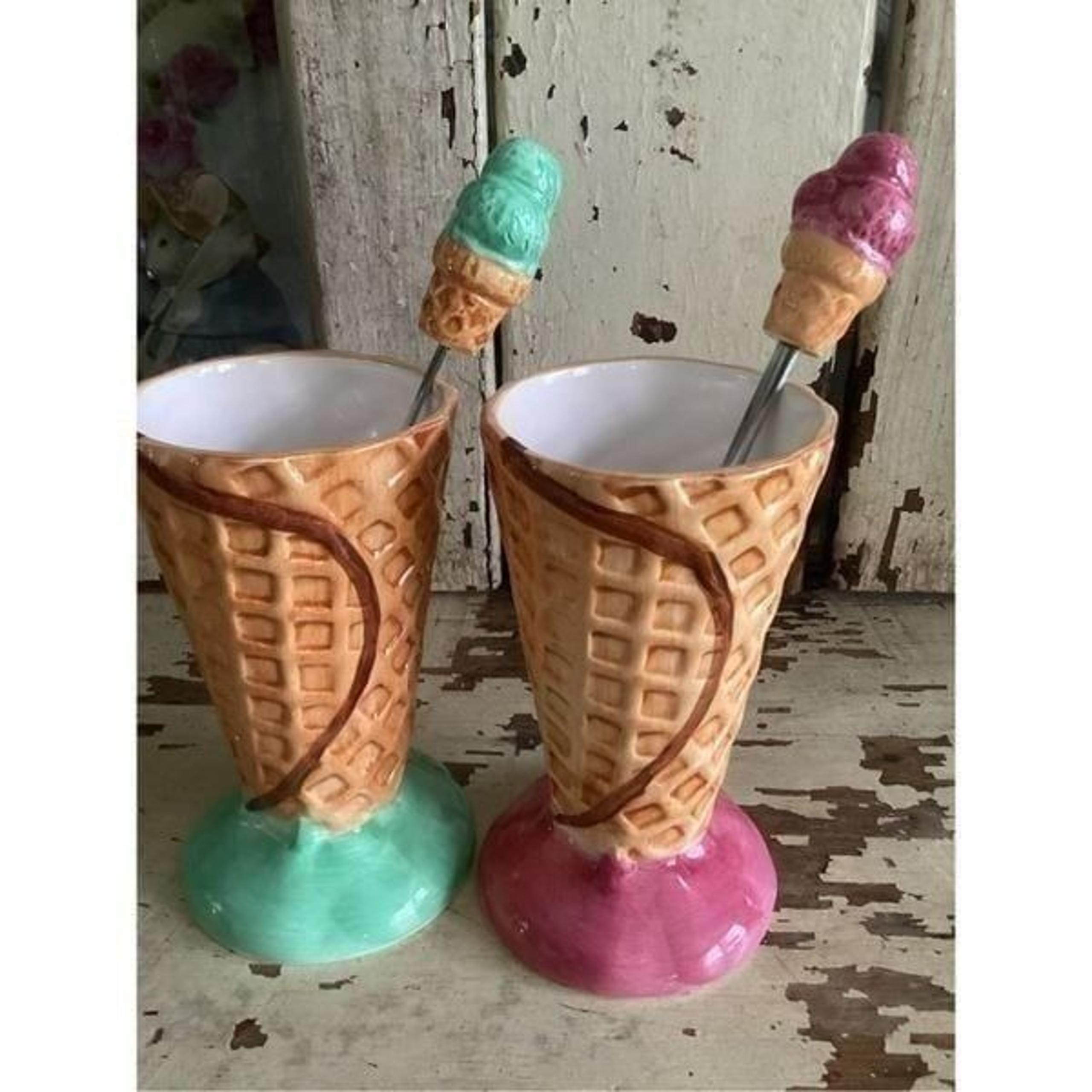 2 Vintage Lotus Ceramic Ice Cream Waffle Cones with Spoons Green Pink 6.5” T