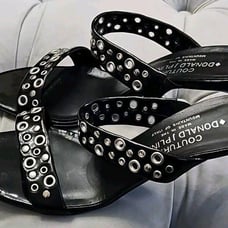 Donald J Pliner Couture Toia Black Leather Silver Grommet Heels Womens Shoes 8.5