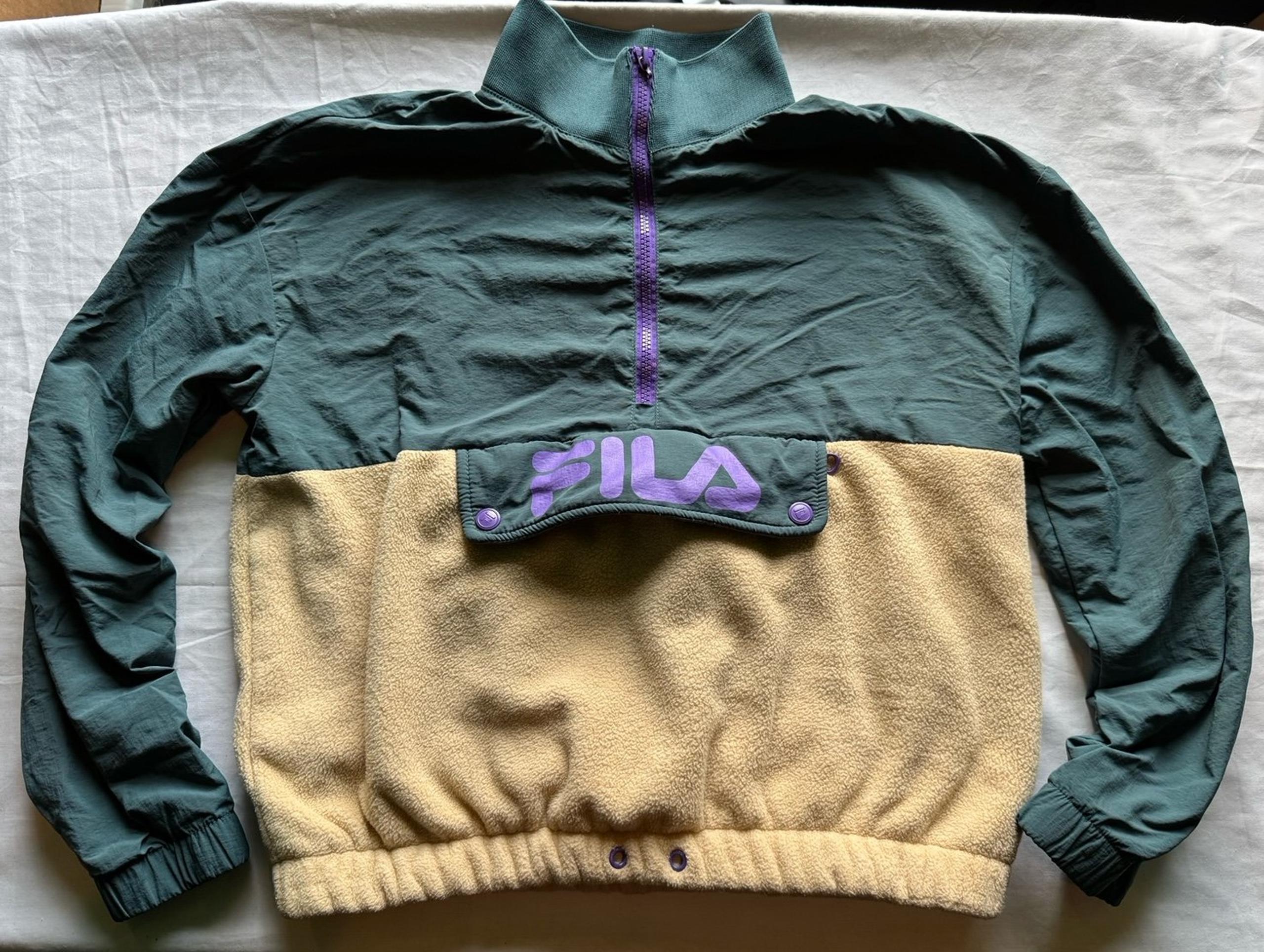 FILA x Urban Outfitters Agata Fleece Sherpa Anorak Jacket Tan Green Purple Sz XS