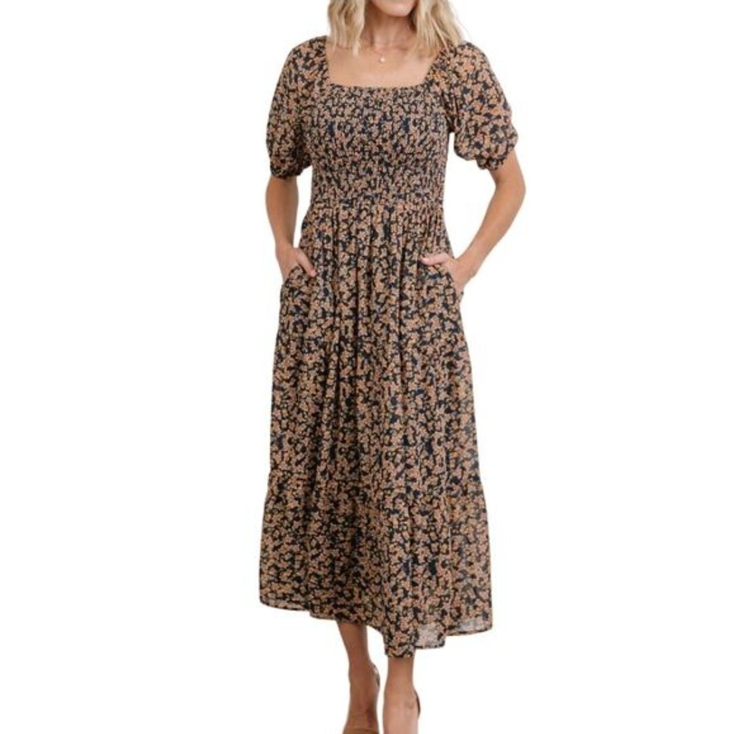 Baltic Born Women's Manchester Puff Sleeve Ditzy Floral Midi Dress Size 2X