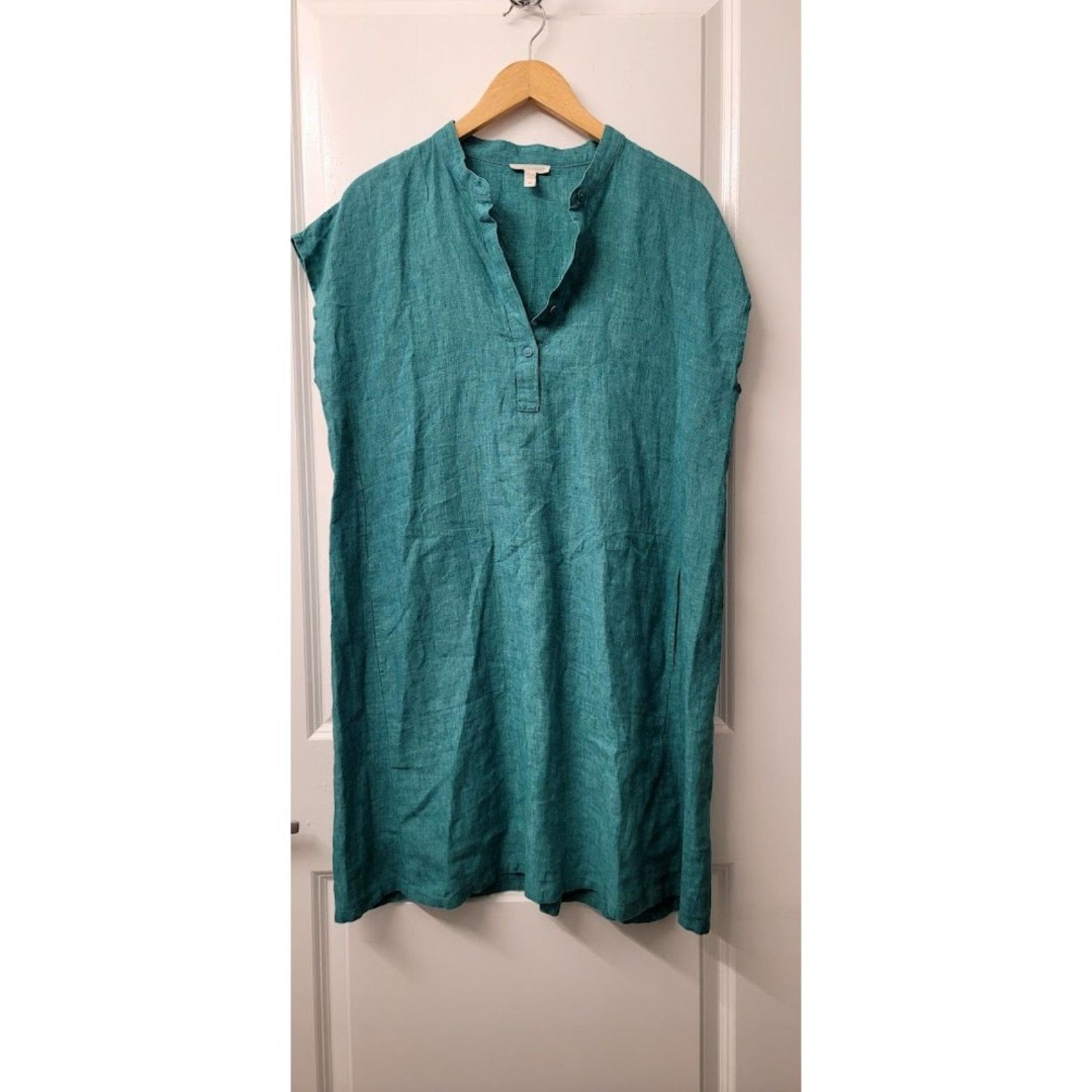 Eileen Fisher 100% Organic Linen Midi Length Dress Kaftan Teal Blue Dress Sz. M