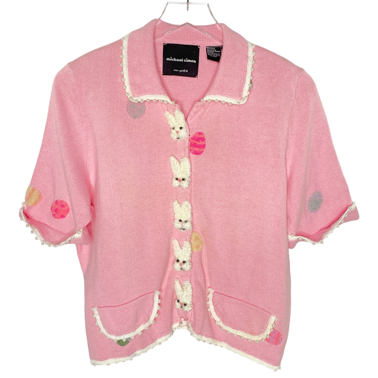 Michael Simon M Pink Easter Egg Bunny Cardigan Sweater Vintage 90s Rare