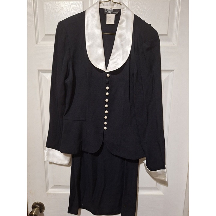 Vintage Dawn Joy Fashion 2 PC Black Blazer W/White Lapel Floor Length Skirt 7/8