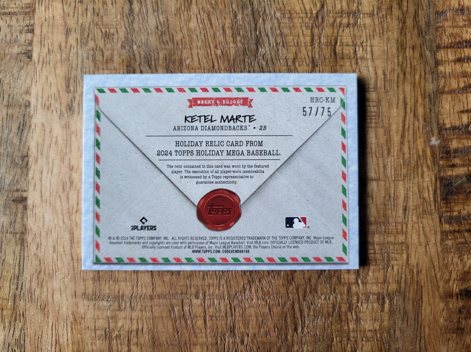 2024 Topps #HRC-KM Holiday Santa Hat Ketel Marte Relic /75 - detail