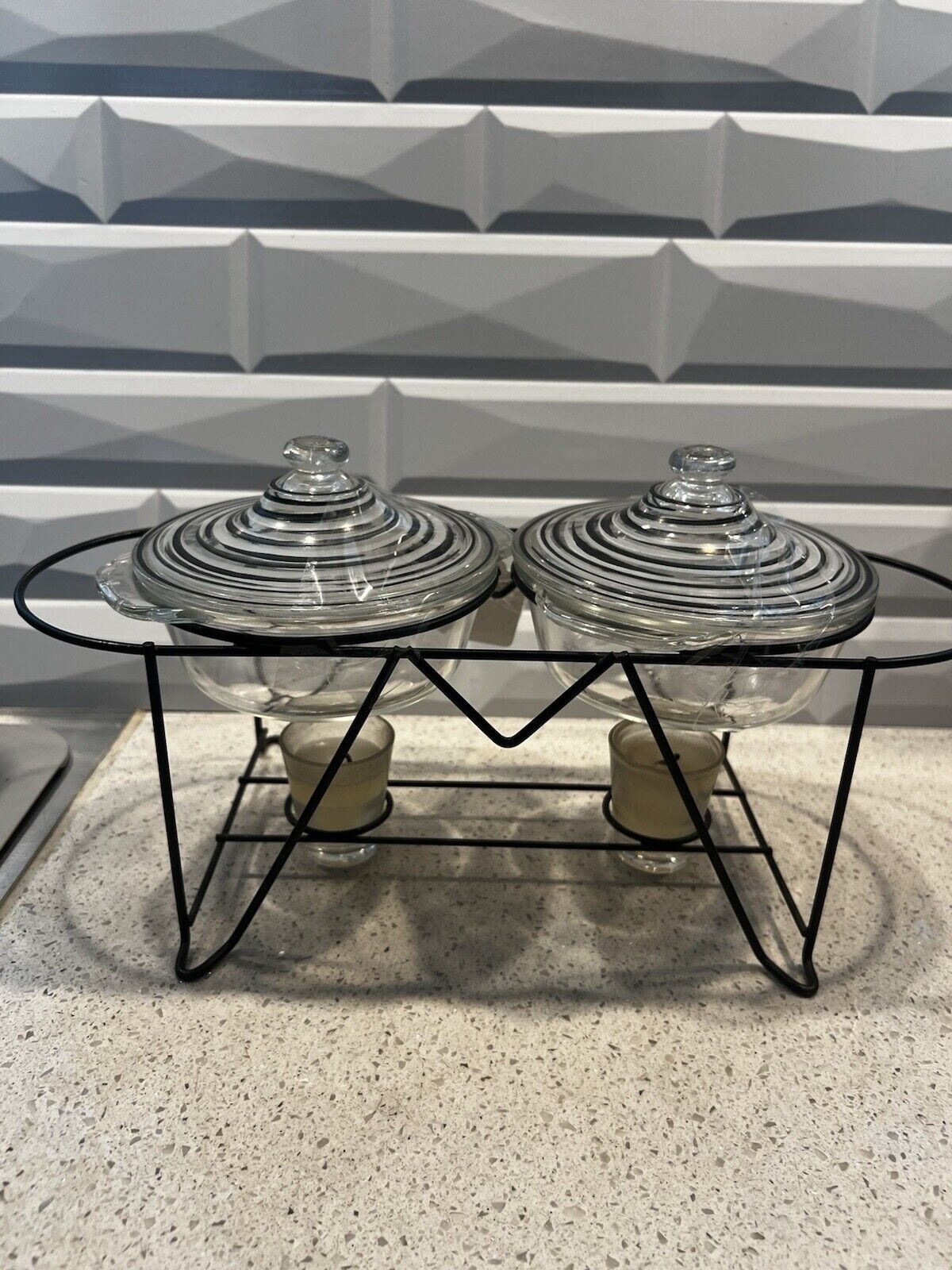Vtg Fire King Double Casserole Dishes Black & White Swirl Lids ~ Chaffing Stand