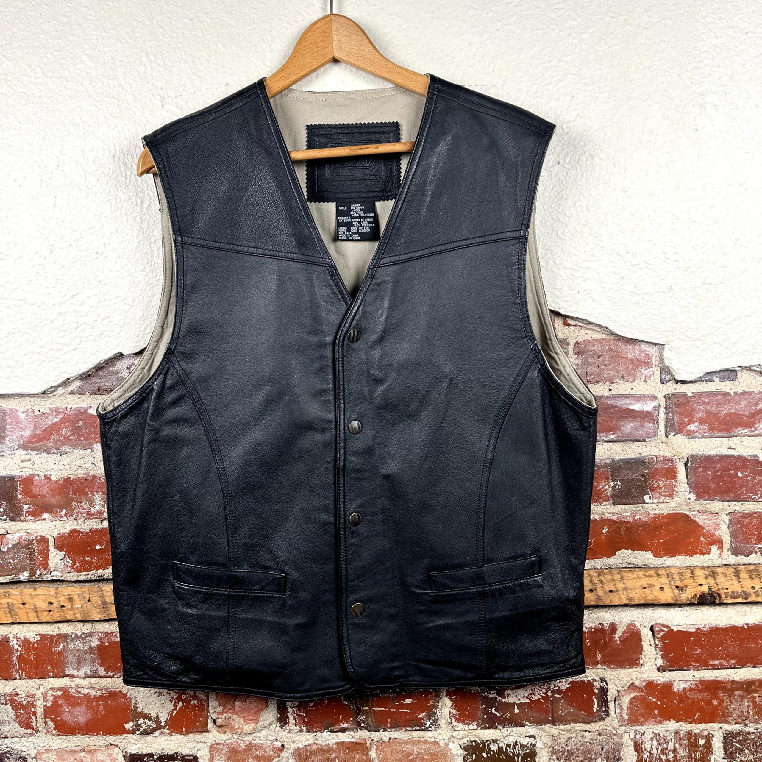 Vintage St Johns Bay Jacket Size Large Black Pig Leather Plaid Wool Snap Up Vest