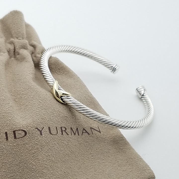 David Yurman Sterling Silver & 18k Yellow Gold 4mm X Cuff Bangle 7 inch Bracelet