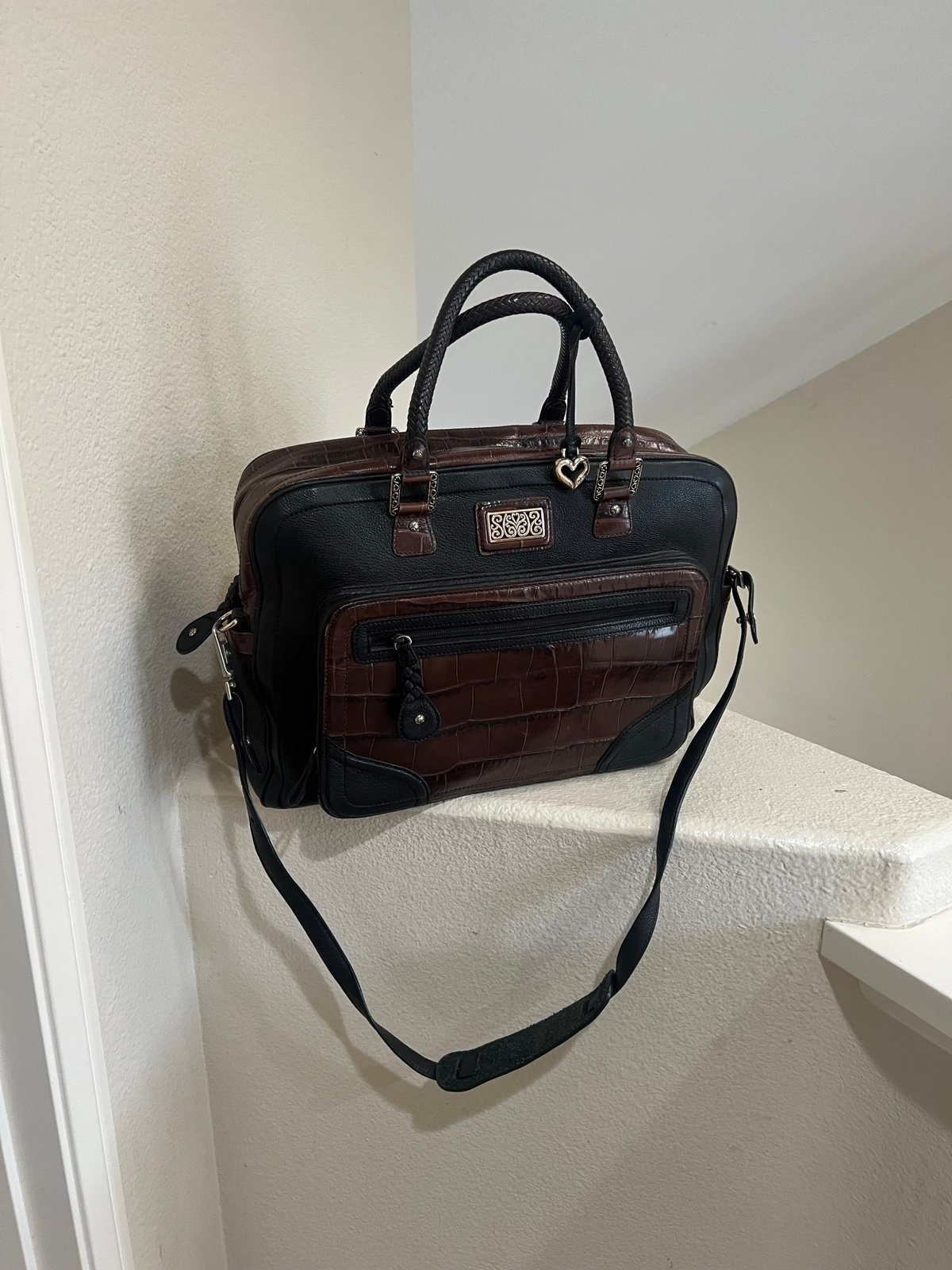 Brighton Brown croc Leather Black Brocade Computer Carry-on Bag Travel briefcase