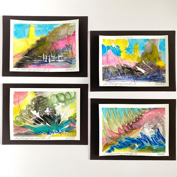 A Changing World Original Mixed Media Wall Art Painting 4-Panel Matted 5x7in