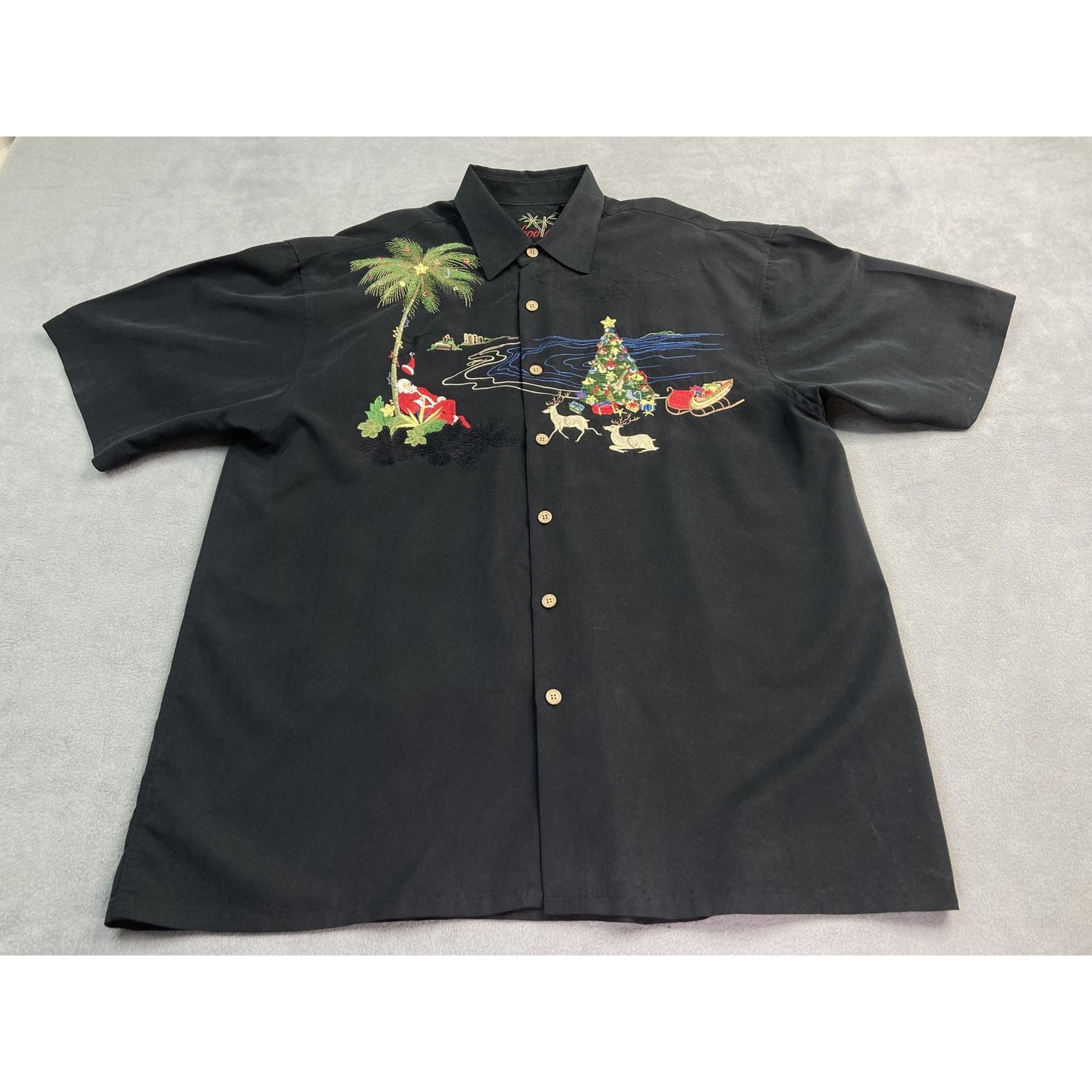 Bamboo Cay Shirt Mens Medium Santa Christmas Embroidered Hawaiian Tropical Black