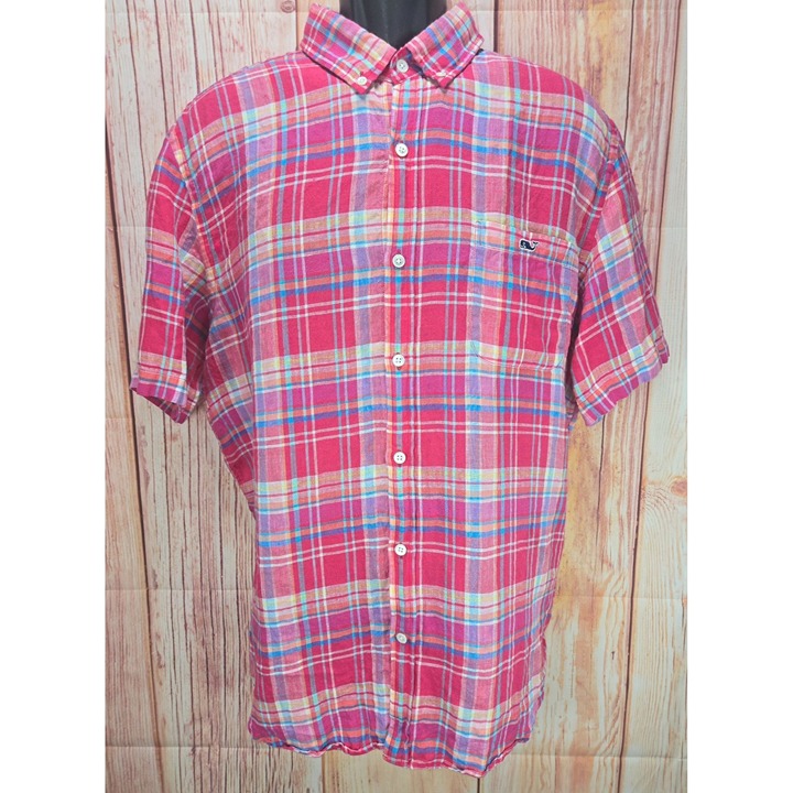 Vineyard Vines Mens XL Slim Fit Tucker Shirt Red Plaid 100% Linen Short Sleeve