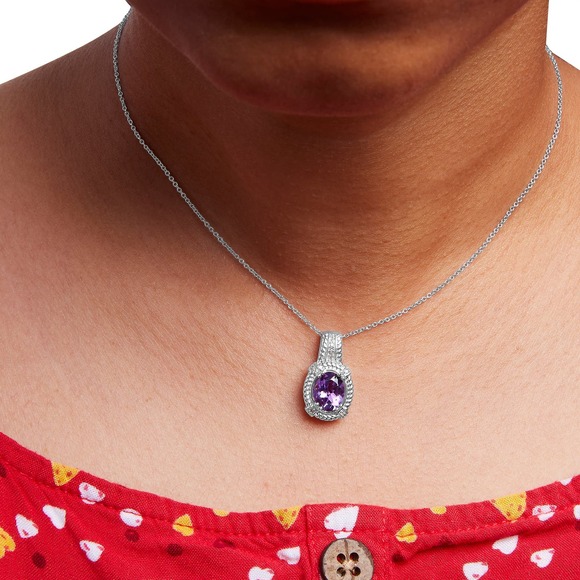 925 Sterling Silver Purple Amethyst Diamond Accent Drop Pendant 18 Inch Necklace