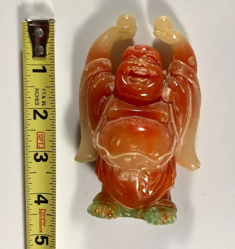 Vintage Feng Shui Laughing Buddha of Happiness Figurine Resin Orange 4.5 in Rare