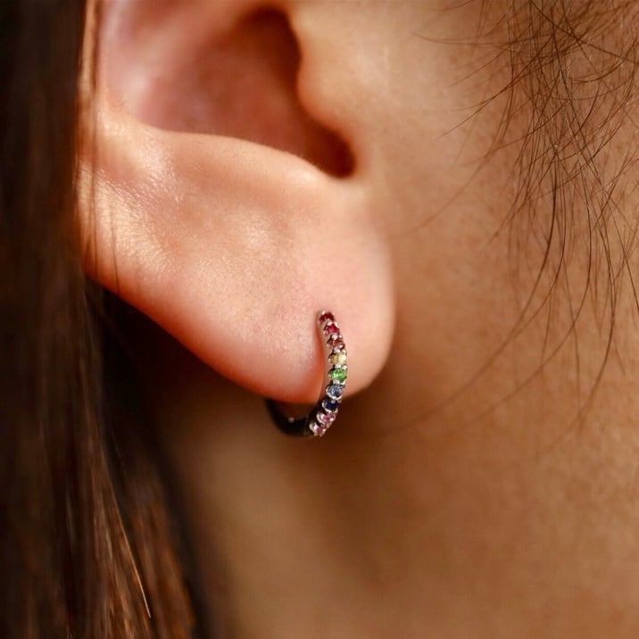 14K White Gold Rainbow Pavé Birthstone Huggie Hoop Earrings, NWT