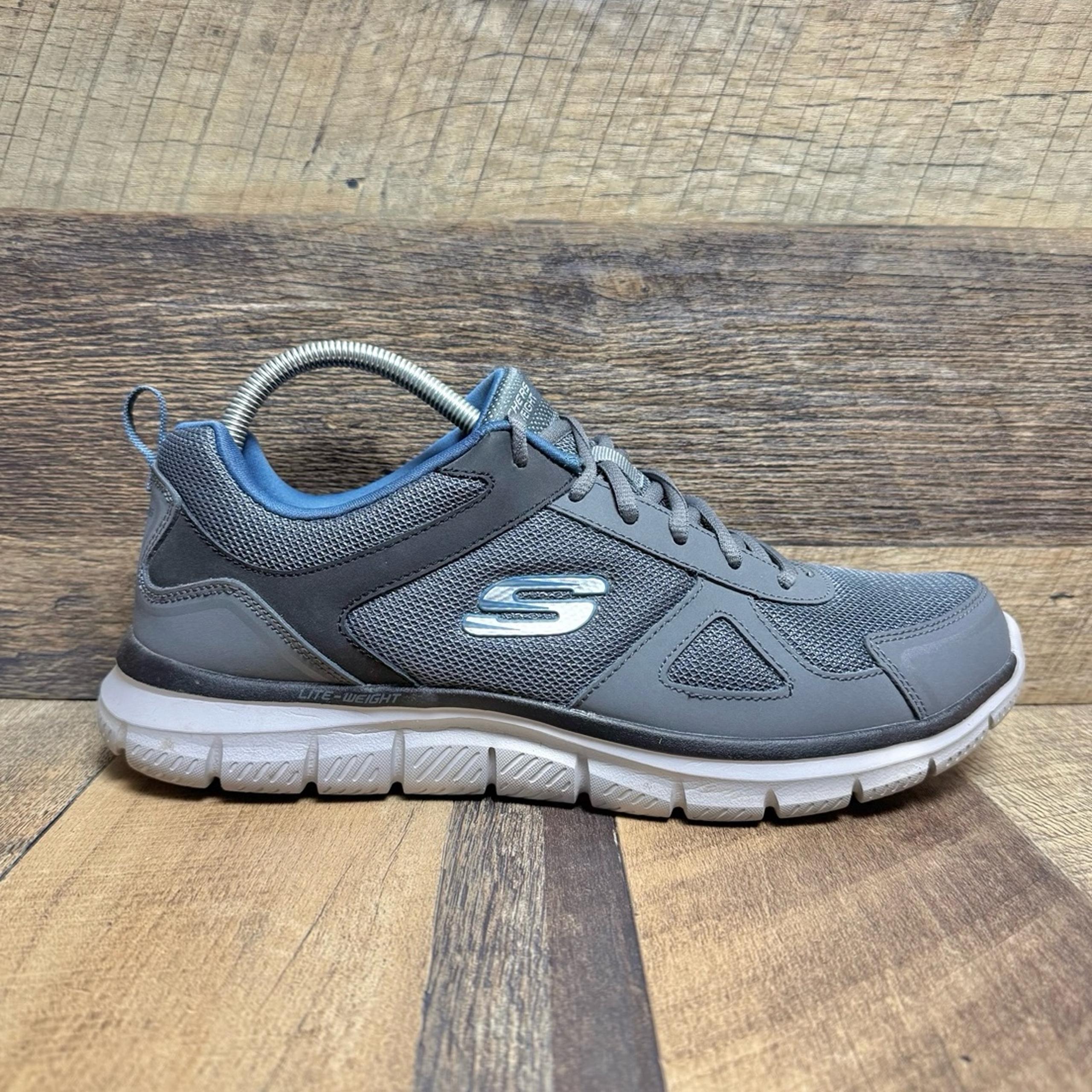 Skechers Track Scloric Grey Blue Athletic Running Comfort Sneakers Size 10.5 Men