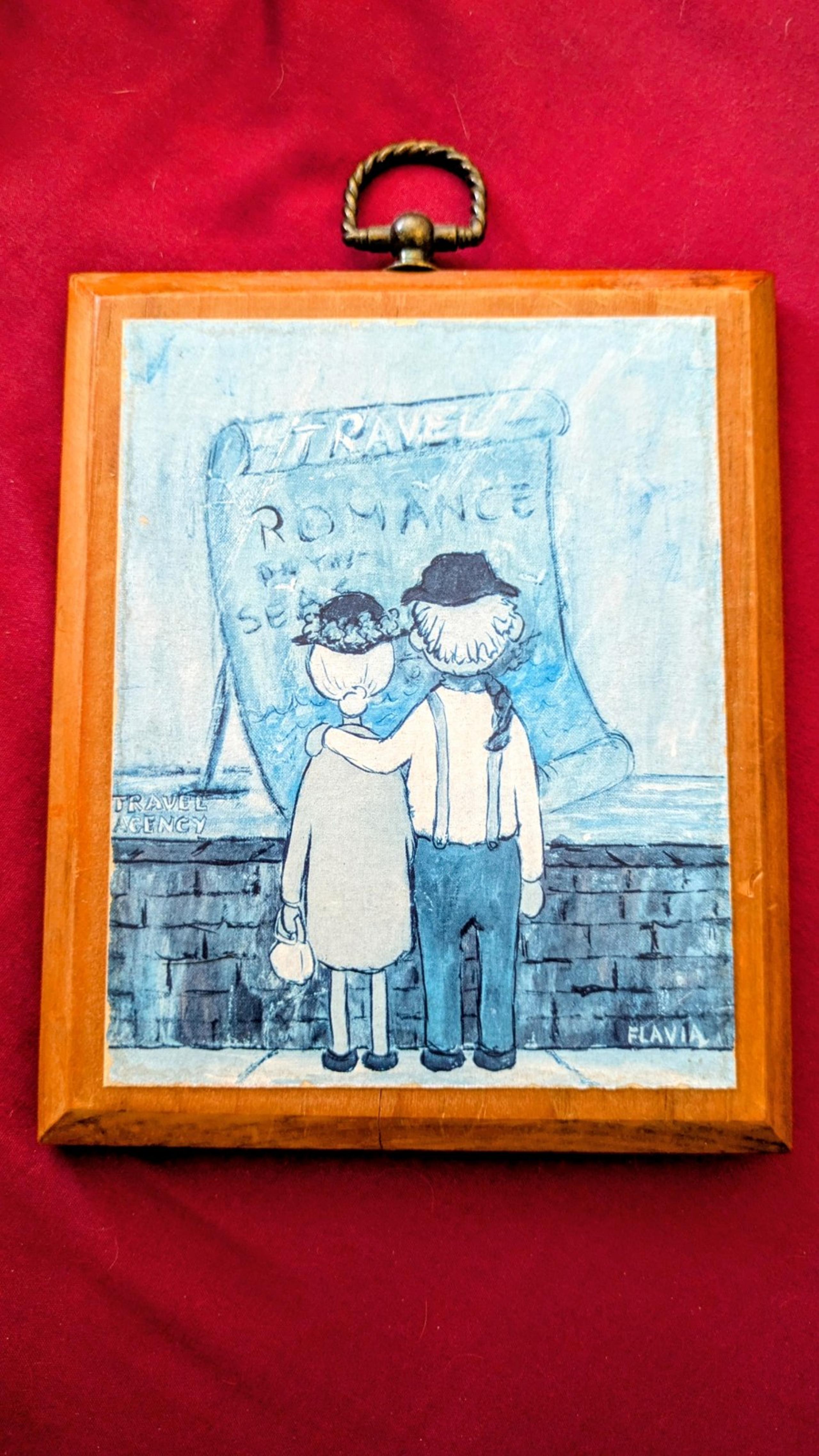 Mid Century Buzza Wood Plaque Wall Art 1969 Romance Travel Couple - Flavia